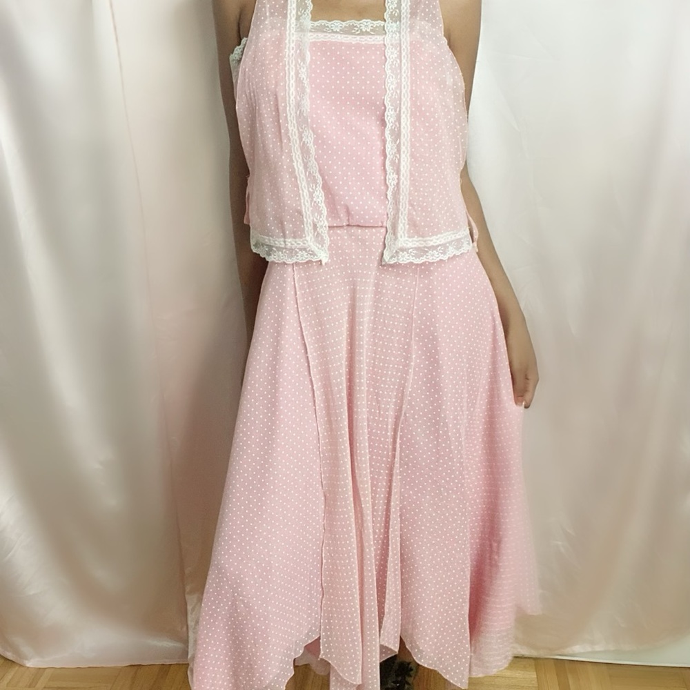 Vintage 60s polka dots pink tea dress dress with matching waistcoat Sz M